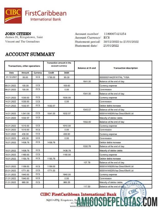 Exemplo de São Vicente e Granadinas Firstcaribbean International Bank Xls